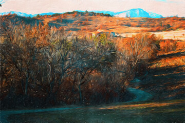 Trendy beautiful travel landscape, bright colors of power of nature. Touristic famous location. Oil painted wall art print in large size, creative drawing design. Contemporary pictorial artwork