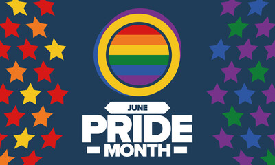 Fototapeta premium Pride Month in June. LGBT flag. Lesbian Gay Bisexual Transgender. Celebrated annual. Rainbow colours, love concept. Human rights and tolerance. Poster, banner and background. Vector illustration