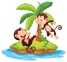Two cute monkeys cartoon character on isolated island