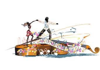 Abstract musical design with dancers, colorful splashes and musical waves, notes. Hand drawn vector illustration.