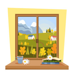 Autumn window overlooking nature and meadows with a cup of tea and a book on the windowsill. Vector illustration in cartoon flat style.