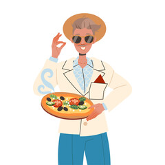 Gastronomic Tourism with Man Character in Sunglasses Holding Authentic Italian Pizza Dish Vector Illustration