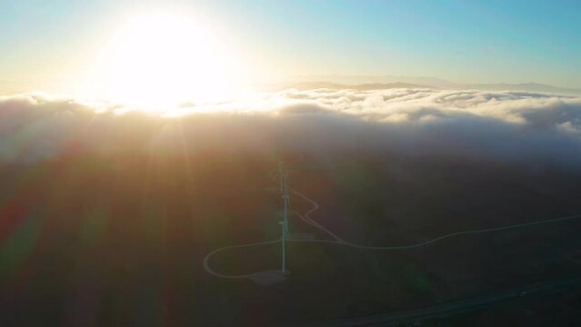 Golden Sunrise On Cloud Horizon Above Talinay Wind Farm At Ovalle, Chile. Slow Dolly Right