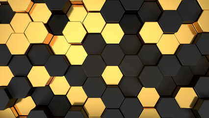 Background with black and gold hexagons. 3d render illustration