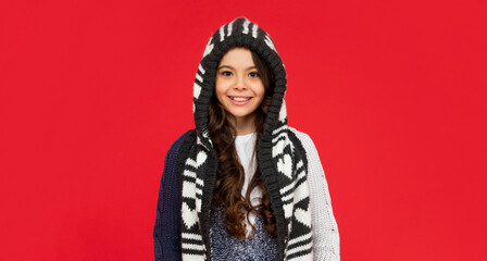 express positive emotion. winter fashion. happy kid with curly hair in knitwear. teen girl