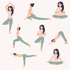 Yoga set of 8 poses, woman in sport wear doing different asanas, vector illustration