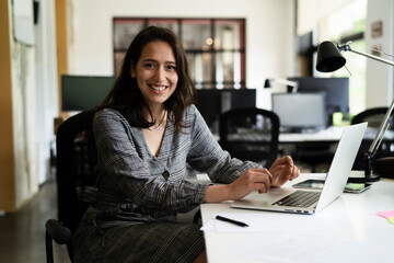 Happy businesswoman working on laptop. Portrait of beautiful businesswoman in the office.