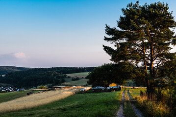 Scenic view of the German countryside just before dusk, Mespelbrunn, Bavaria, Germany