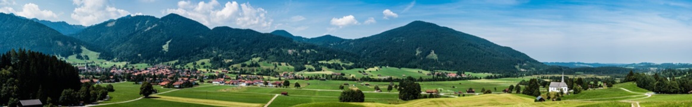 Scenic view over the German countryside around the village Kappel, extra large panoramic 180 degrees view
