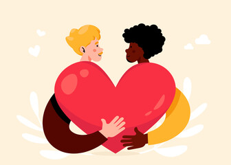 Lgbtq+ and Gay love. Men holding big heart. Multiethnic male couple. African ethnicity. Homosexual romantic greeting card for Valentine's Day 14 february. Pride. 