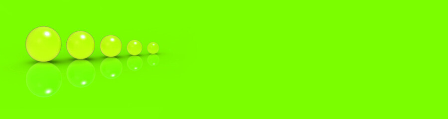 Five glass balls of different sizes of yellow color on Lime Green background. Growth of something. Progress. Horizontal image. Banner for insertion into site. 3D image. 3D rendering.