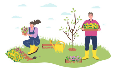 Gardeners set, spring - modern flat vector illustration concept of different people - men and women doing gardening - watering, planting, pruning, hoe, organizing spring gardening concept