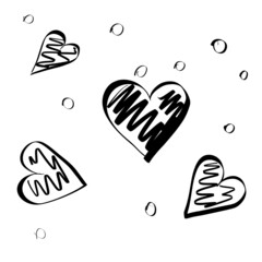 Abstract vector background with hand drawn black hearts and circles 