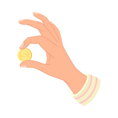 Hand Holding Yellow Dollar Coin as Small Money Vector Illustration