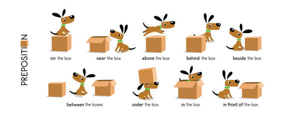 Preposition of place set. Dog and the boxes