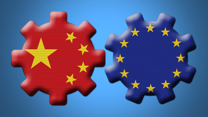 European Union and China Chinese Wheel Gears Flags – 3D Illustration