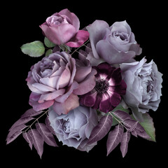 Purple roses and anemone isolated on black background. Floral arrangement, bouquet of garden flowers. Can be used for invitations, greeting, wedding card.