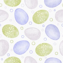 Multicolored eggs on a white background. Delicate spring design for wrapping paper and wallpaper print. Cute hand-drawn fabric texture. Watercolor pastel colored illustration.