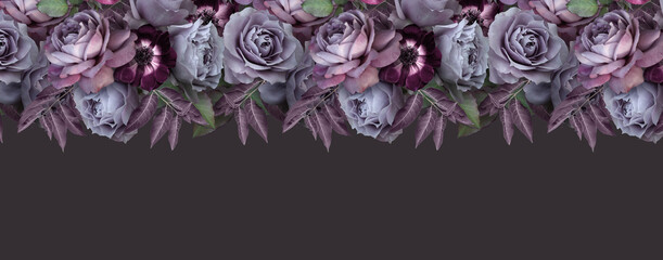 Panele Szklane  Floral banner, header with copy space. Purple roses and anemone isolated on dark grey background. Natural flowers wallpaper or greeting card.