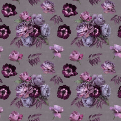 Floral seamless pattern. Purple roses on grange background. Can be used for wallpaper design, packaging, textile, decorative print.