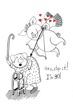 Graphic black-and-white Comic Hand Drawing - Valentine's Day Greeting Card: the meeting of the old man and Cupid