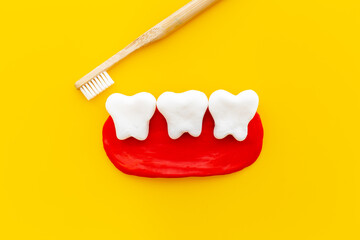 Teeth models with toothbrush. Oral health and care concept