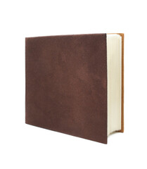 Square photo album with brown leather cover isolated on white background. Close-up.