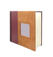 A square photo album with brown suede cover with place for photo. Closed thick Hardcover album...