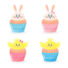 Set of cute Easter cupcake decorated with bunny and chicken. Baby boy and baby girl, baby gender reveal.