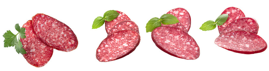 Slices of smoked sausage with fresh herbs, highlighted on a white background