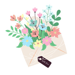 Envelope with flowers and label "With love". Floral composition in pastel colors.