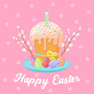 Easter cake on a plate with a candle, colorful eggs and willow. Happy Easter greeting card.
