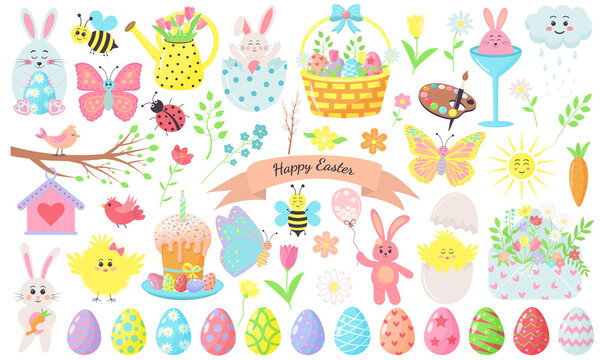 Set of Easter spring elements. Bunnies, chicks, eggs, flowers, butterflyes and other. Perfect for scrapbooking, greeting card, party invitation, poster, tag, sticker kit. Vector illustration.
