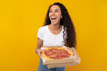 Portrait Of Happy Lady Holding Boxes With Pizza