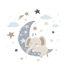 Cute elephant sleeping on the moon. Vector Illustration