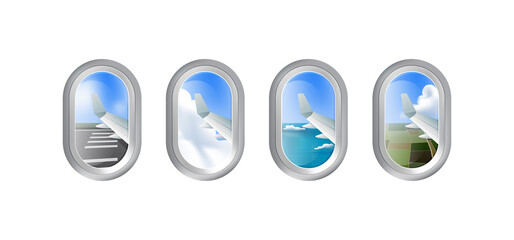 Airplane windows with different outside view, runway, sky, ocean and ground, vector illustration