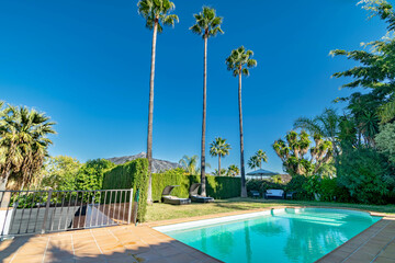 a image poolside at a villa in Marbella with palm trees and mountains in the background 