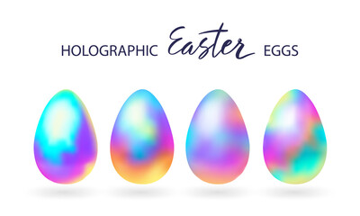 Easter 3D realistic, shiny, holographic eggs set. Colorful Easter eggs isolated on white background. Spring holiday. Vector illustration. Design elements for, poster, flyer, web banner, social media.