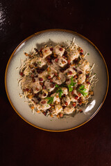 Perfect Pasta Classic Pizza Homemade Artisan Bacon Tomato Sauce Sausage Sweet Melted Cheese Onion Chicken Meat Shrimp Menu Gourmet on a Dark Background
