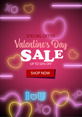 Valentine's day sale vector banner with neon hearts and neon elements in a background