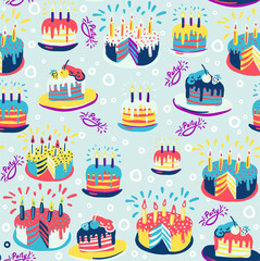 Bold and bright trendy pattern with repeating painted cakes. Wallpaper with desserts for any holiday and party to print on fabrics for clothes and paper for scrapbooking