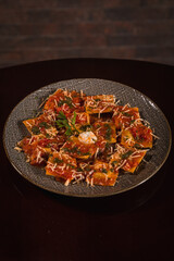 Perfect Pasta Classic Pizza Homemade Artisan Bacon Tomato Sauce Sausage Sweet Melted Cheese Onion Chicken Meat Shrimp Menu Gourmet on a Dark Background