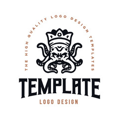 octopus king character template logo. octopus with king crown logo vector.
