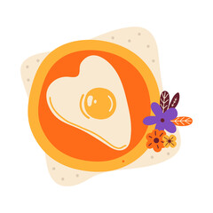 Heart shaped scrambled eggs on a plate. Romantic breakfast. Served cooked food for breakfast. Cartoon fried egg. Valentine's day. Hand drawn vector illustration in the Scandinavian style.