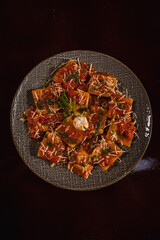 Perfect Pasta Classic Pizza Homemade Artisan Bacon Tomato Sauce Sausage Sweet Melted Cheese Onion Chicken Meat Shrimp Menu Gourmet on a Dark Background