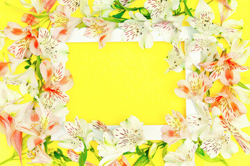 Obraz premium Floral composition with beautiful alstroemeria flowers and white frame on yellow background. Nature concept. Top view. Flat lay. Copy space