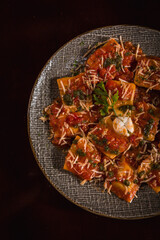 Perfect Pasta Classic Pizza Homemade Artisan Bacon Tomato Sauce Sausage Sweet Melted Cheese Onion Chicken Meat Shrimp Menu Gourmet on a Dark Background