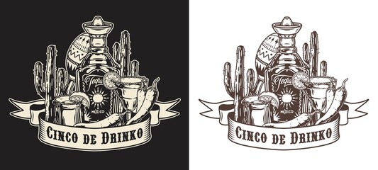 Cinco de Drinko monochrome emblem