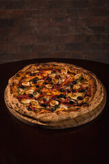 Perfect Pasta Classic Pizza Homemade Artisan Bacon Tomato Sauce Sausage Sweet Melted Cheese Onion Chicken Meat Shrimp Menu Gourmet on a Dark Background