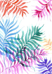Fototapeta na wymiar Original tropical pattern with yellow red and blue leaves on a light background. Jungle leaves floral pattern background. beautiful exotic plants.